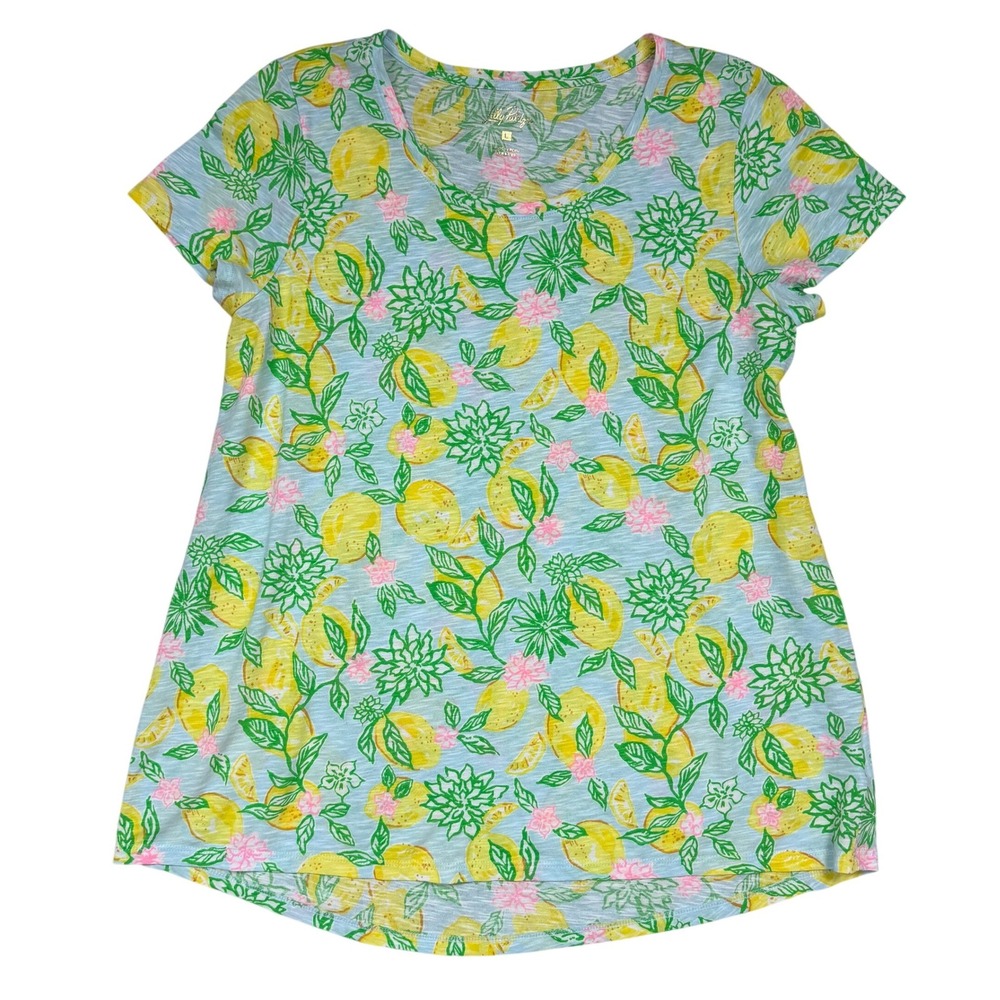 Lilly Pulitzer Etta T-Shirt Lemonade Fruit Print Blue Yellow Womens Size Large